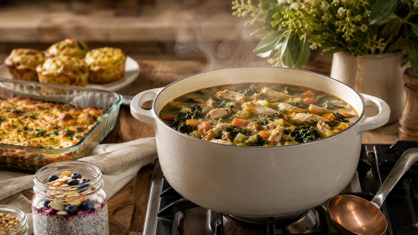 A steaming pot of nourishing soup surrounded by chef-prepared dishes