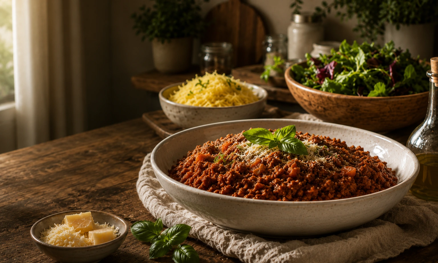 Chef-prepared meal on a rustic table with fresh greens, herbs, and warm kitchen light