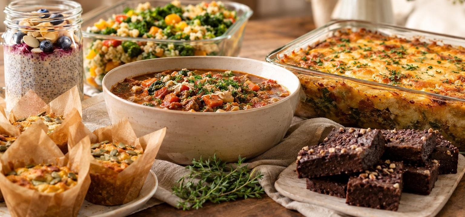 A colorful selection of chef-prepared Well Fed main dishes, breakfasts, snacks, and sides