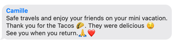 Client message thanking Camille for delicious tacos