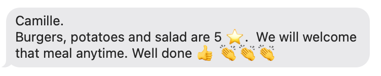 Client message praising burgers, potatoes, and salad